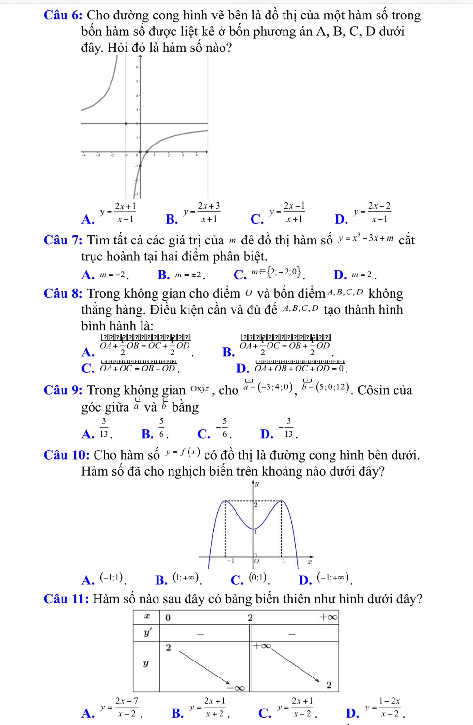 Cho đường cong hình vẽ bên là đồ thị của một hàm số trong
bốn hàm số được liệt kê ở bốn phương án A, B, C, D dưới
đây. Hỏi đó là hàm số nào?
A. y= (2x+1)/x-1  y= (2x+3)/x+1  C. y= (2x-1)/x+1  D. y= (2x-2)/x-1 
B.
Câu 7: Tìm tất cả các giá trị của " để đồ thị hàm số y=x^3-3x+m cắt
trục hoành tại hai điểm phân biệt.
A. m=-2. B. m=± 2. C. m∈  2;-2;0 . D. m=2.
Câu 8: Trong không gian cho điểm 0 và bốn điểm 4,β,C,Đ không
thắng hàng. Điều kiện cần và đủ để 4,B,C,D tạo thành hình
bình hành là:
?º?º?º?º?º?º?º?º?º?º?µ?º?º?| Laßeßeßeßeßeßeßeßeßef efeßaß
A. OA+ 1/2 OB=OC+ 1/2 OD B. frac OA+ 1/2 OC=OB+ 1/2 OD
C. OA+OC=OB+OD.
D.  ·s u· u· u· u· u· u· u· u· u· u· u· u· u· u· v· u· v/OA+OB+OC+OD=0 .
Câu 9: Trong không gian ०* , cho a=(-3;4;0),b=(5;0;12). Côsin của
góc giữa à và frac  bằng
A.  3/13 .  5/6 . C. - 5/6 . D. - 3/13 .
B.
Câu 10: Cho hàm số y=f(x) có đồ thị là đường cong hình bên dưới.
Hàm số đã cho nghịch biến trên khoảng nào dưới đây?
A. (-1;1). B. (1;+∈fty ). C. (0;1). D. (-1;+∈fty ).
Câu 11: Hàm số nào sau đây có bảng biển thiên như hình dưới đây?
A. y= (2x-7)/x-2 . y= (2x+1)/x+2 . C. y= (2x+1)/x-2 . D. y= (1-2x)/x-2 .
B.