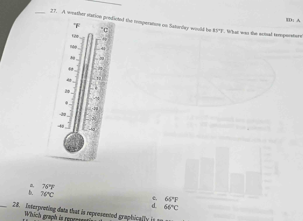 ID: A
_27. A weather station predicted the temperature on Saturday would be 85°F. What was the actual temperature
a. 76°F
b. 76°C
c. 66°F
d. 66°C
_28. Interpreting data that is represented graphically is 
Which graph is represent