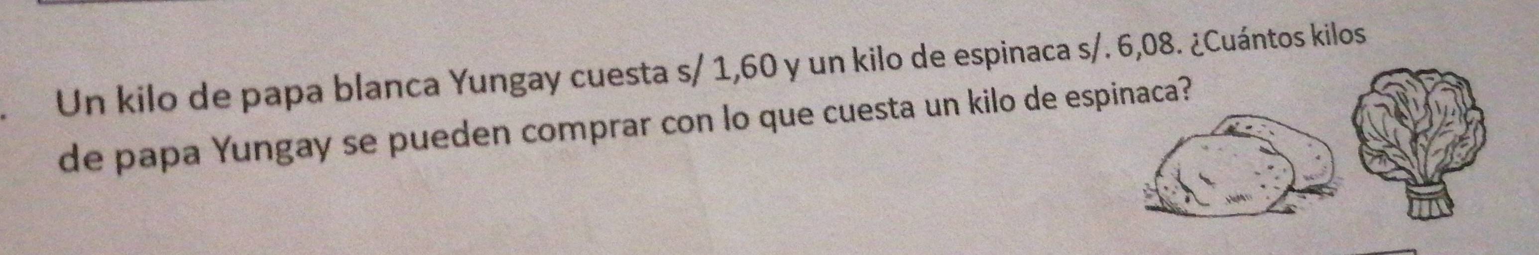 Un kilo de papa blanca Yungay cuesta s/ 1,60 y un kilo de espinaca s /. 6,08. ¿Cuántos kilos 
de papa Yungay se pueden comprar con lo que cuesta un kilo de espinaca?