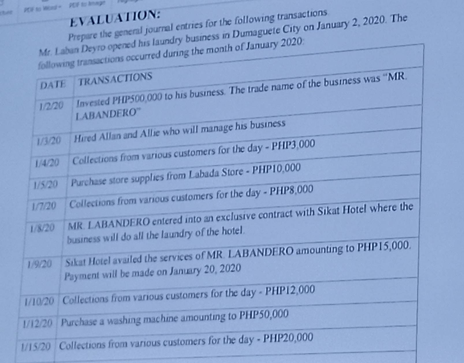 PCF to Micral = PDF tis Image 
EVALUATION: 
are the general journal entries for the following transactions 
s in Dumaguete City on January 2, 2020. The
1/15/20 C