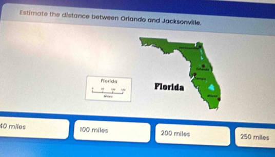 Estimate the distance between Orlando and Jacksonville,
Florida
.,
40 miles 100 miles 200 miles 250 miles