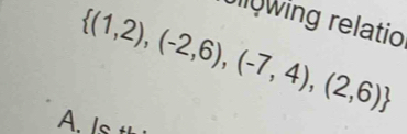 Jlowing relatio
 (1,2),(-2,6),(-7,4),(2,6)
A. Is th