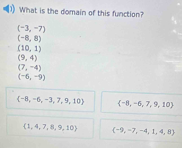 What is the domain of this function?
(-3,-7)
(-8,8)
(10,1)
(9,4)
(7,-4)
(-6,-9)
 -8,-6,-3,7,9,10
 -8,-6,7,9,10
 1,4,7,8,9,10
 -9,-7,-4,1,4,8