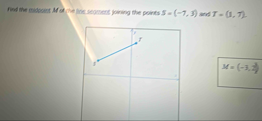 Find the midpaint M of the line seament joining the points S=(-7,3) and T=(1,1).
M=(-3,2)