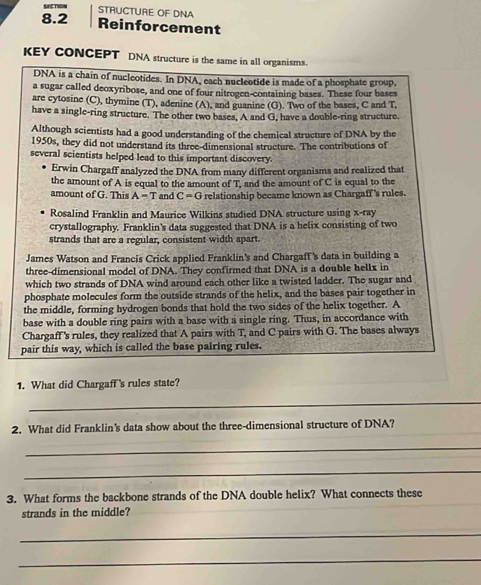 SECTION STRUCTURE OF DNA 
8.2 Reinforcement 
KEY CONCEPT DNA structure is the same in all organisms. 
DNA is a chain of nucleotides. In DNA, each nucleotide is made of a phosphate group, 
a sugar called deoxyribose, and one of four nitrogen-containing bases. These four bases 
are cytosine (C), thymine (T), adenine (A), and guanine (G). Two of the bases, C and T, 
have a single-ring structure. The other two bases, A and G, have a double-ring structure. 
Although scientists had a good understanding of the chemical structure of DNA by the 
1950s, they did not understand its three-dimensional structure. The contributions of 
several scientists helped lead to this important discovery. 
Erwin Chargaff analyzed the DNA from many different organisms and realized that 
the amount of A is equal to the amount of T, and the amount of C is equal to the 
amount of G. This A=T and C=G relationship became known as Chargaff 's rules. 
Rosalind Franklin and Maurice Wilkins studied DNA structure using x -ray 
crystallography. Franklin’s data suggested that DNA is a helix consisting of two 
strands that are a regular, consistent width apart. 
James Watson and Francis Crick applied Franklin’s and Chargaff's data in building a 
three-dimensional model of DNA. They confirmed that DNA is a double hellx in 
which two strands of DNA wind around each other like a twisted ladder. The sugar and 
phosphate molecules form the outside strands of the helix, and the bases pair together in 
the middle, forming hydrogen bonds that hold the two sides of the helix together. A 
base with a double ring pairs with a base with a single ring. Thus, in accordance with 
Chargaff’s rules, they realized that A pairs with T, and C pairs with G. The bases always 
pair this way, which is called the base pairing rules. 
1. What did Chargaff's rules state? 
_ 
2. What did Franklin's data show about the three-dimensional structure of DNA? 
_ 
_ 
3. What forms the backbone strands of the DNA double helix? What connects these 
strands in the middle? 
_ 
_