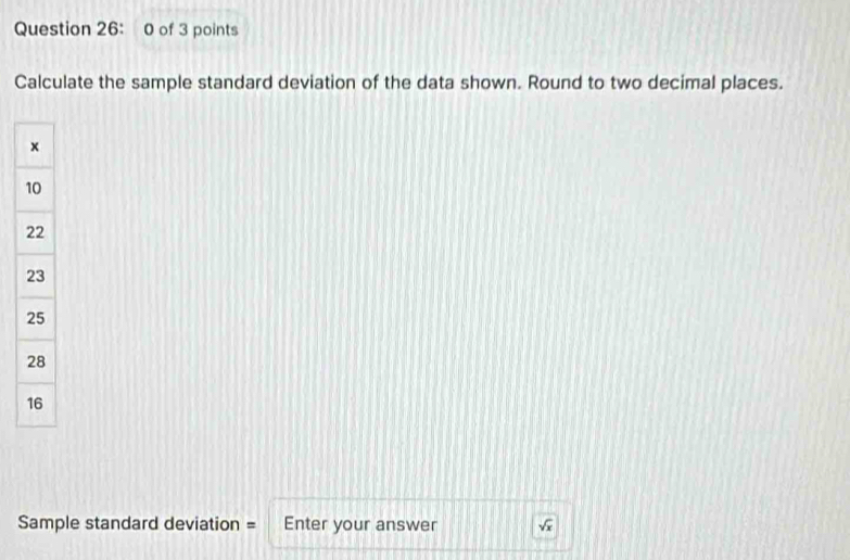 of 3 points 
Calculate the sample standard deviation of the data shown. Round to two decimal places. 
Sample standard deviation = Enter your answer sqrt(x)