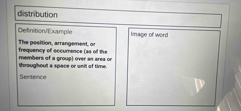 distribution 
Definition/Example Image of word 
The position, arrangement, or 
frequency of occurrence (as of the 
members of a group) over an area or 
throughout a space or unit of time. 
Sentence