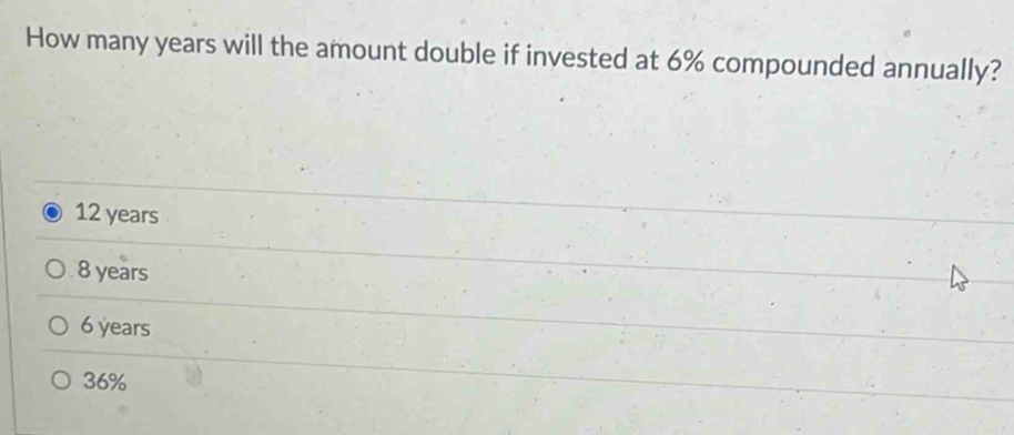 How many years will the amount double if invested at 6% compounded annually?
12 years
8 years
6 years
36%