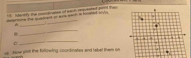 Identify the coordinates of each requested point then 
determine the quadrant or axis each is located on/in. 
A: 
_: 
_ 
B: 
_ 
_`_ 
C 
16. Now plot the following coordinates and label them on 
graph 
6