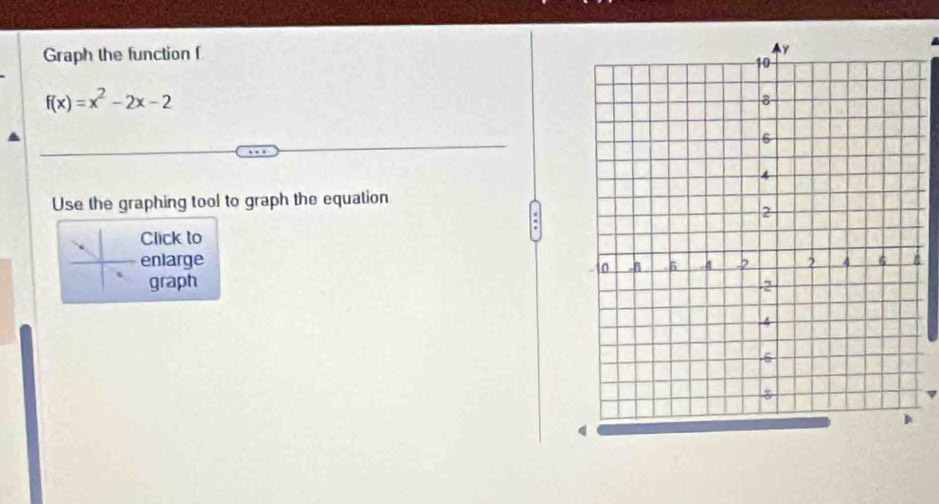 Graph the function f
f(x)=x^2-2x-2
Use the graphing tool to graph the equation 
Click to 
enlarge 
graph