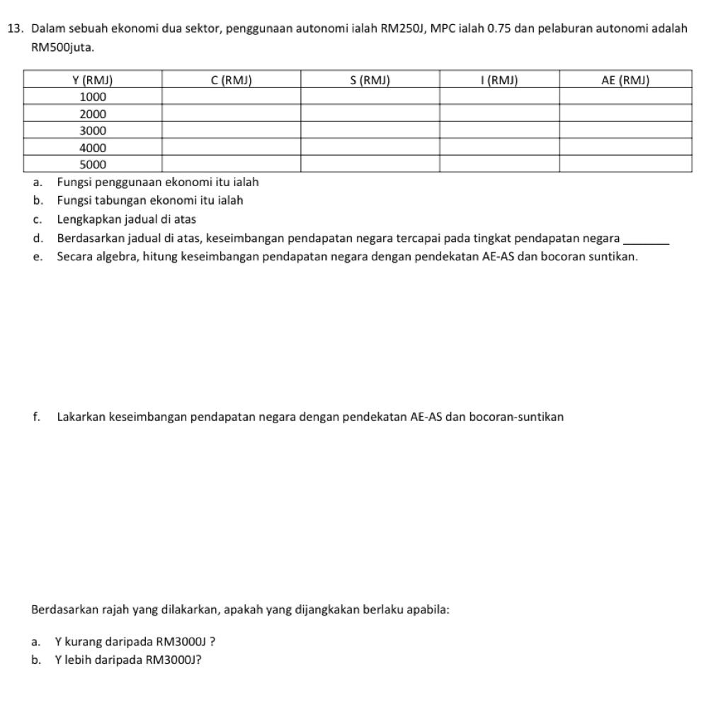 Dalam sebuah ekonomi dua sektor, penggunaan autonomi ialah RM250J, MPC ialah 0.75 dan pelaburan autonomi adalah
RM500juta. 
a. Fungsi penggunaan ekonomi itu ialah 
b. Fungsi tabungan ekonomi itu ialah 
c. Lengkapkan jadual di atas 
d. Berdasarkan jadual di atas, keseimbangan pendapatan negara tercapai pada tingkat pendapatan negara_ 
e. Secara algebra, hitung keseimbangan pendapatan negara dengan pendekatan AE-AS dan bocoran suntikan. 
f. Lakarkan keseimbangan pendapatan negara dengan pendekatan AE-AS dan bocoran-suntikan 
Berdasarkan rajah yang dilakarkan, apakah yang dijangkakan berlaku apabila: 
a. Y kurang daripada RM3000J ? 
b. Y lebih daripada RM3000J?
