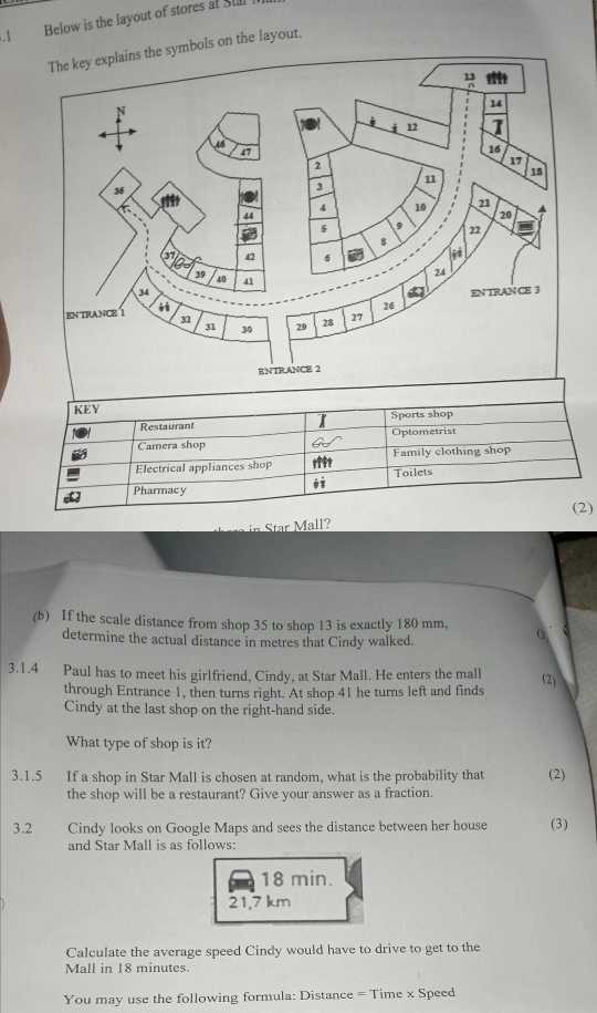 .1 Below is the layout of stores at Stal 
symbols on the layout. 
KEY Sports shop 
Restaurant x 
Camera shop GJ Optometrist 
Electrical appliances shop Family clothing shop 
Toilets 
Pharmacy 
(2) 
(b) If the scale distance from shop 35 to shop 13 is exactly 180 mm, 
determine the actual distance in metres that Cindy walked. 
3.1.4 Paul has to meet his girlfriend, Cindy, at Star Mall. He enters the mall 
(2) 
through Entrance 1, then turns right. At shop 41 he turns left and finds 
Cindy at the last shop on the right-hand side. 
What type of shop is it? 
3.1.5 If a shop in Star Mall is chosen at random, what is the probability that (2) 
the shop will be a restaurant? Give your answer as a fraction. 
3.2 Cindy looks on Google Maps and sees the distance between her house (3) 
and Star Mall is as follows:
18 min.
21,7 km
Calculate the average speed Cindy would have to drive to get to the 
Mall in 18 minutes. 
You may use the following formula: Distance = Time x Speed