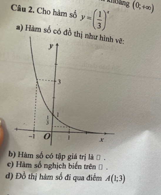 khoang (0;+∈fty )
Câu 2. Cho hàm số y=( 1/3 )^x
a) Hàm số có đồ tẽ:
b) Hàm số có tập giá trị là Đ .
c) Hàm số nghịch biến trên → .
d) Đồ thị hàm số đi qua điểm A(1;3)