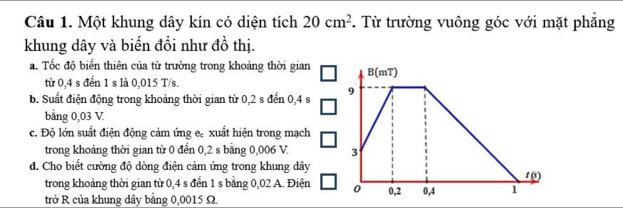 Một khung dây kín có diện tích 20cm^2. Từ trường vuông góc với mặt phẳng 
khung dây và biến đổi như đồ thị. 
a. Tốc độ biển thiên của từ trường trong khoảng thời gian 
B(mT) 
từ 0,4 s đến 1 s là 0,015 T/s. 
b. Suất điện động trong khoảng thời gian từ 0,2 s đến 0,4 s 9
bằng 0,03 V
c. Độ lớn suất điện động cảm ứng e. xuất hiện trong mạch 
trong khoảng thời gian từ 0 đến 0,2 s bằng 0,006 V. 3
d. Cho biết cường độ dòng điện cảm ứng trong khung dây 
t (s) 
trong khoảng thời gian từ 0,4 s đến 1 s bằng 0,02 A. Điện 0 0,2 0,4 1
trở R của khung dây bằng 0,0015 Ω.