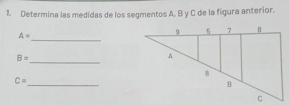 Determina las medidas de los segmentos A, B y C de la figura anterior.
A=
_ 
_
B=
_
C=