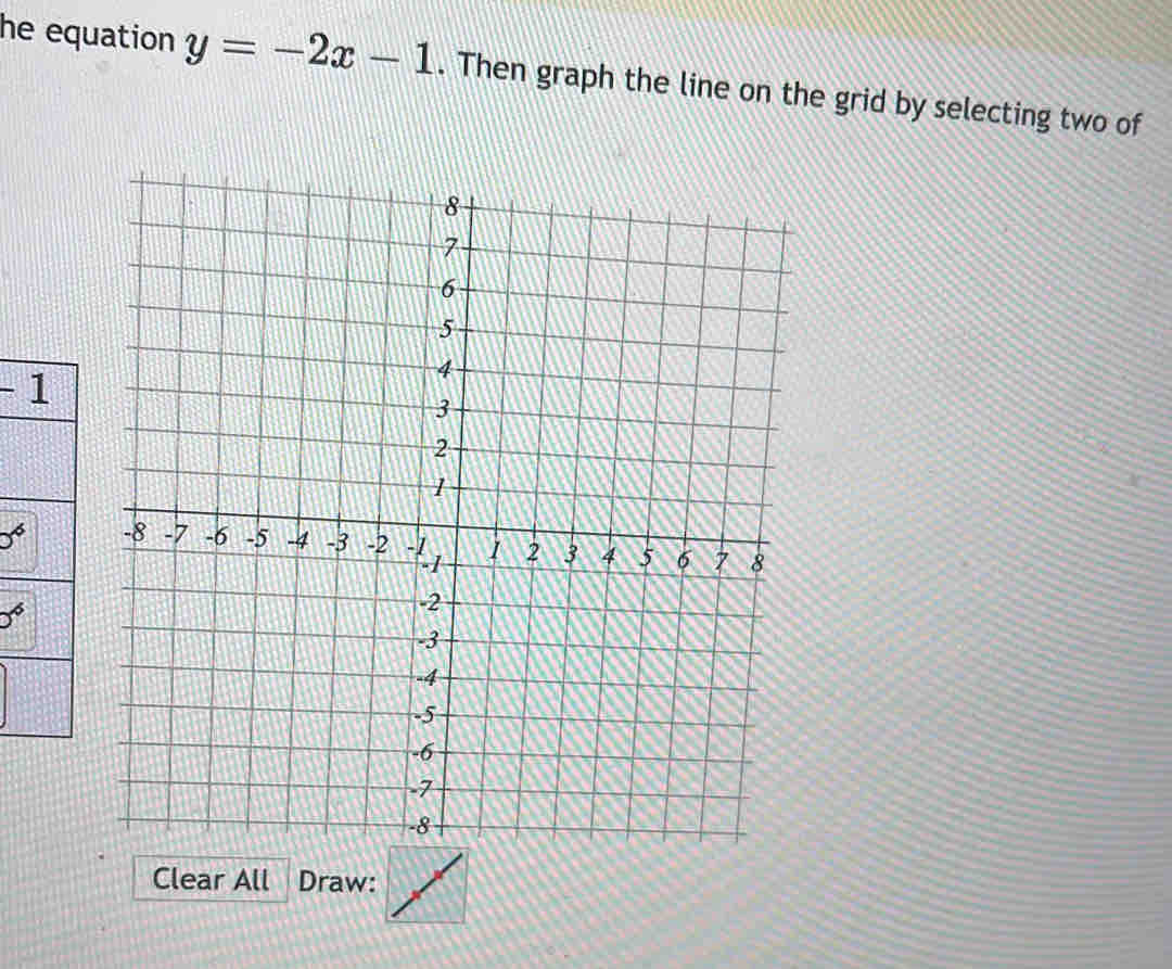 he equation y=-2x-1. Then graph the line on the grid by selecting two of
-1
0°
0°
Clear All Draw: