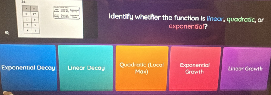 Identify whether the function is linear, quadratic, or
exponential?
Exponential Decay Linear Decay Quadratic (Local Exponential Linear Growth
Max) Growth