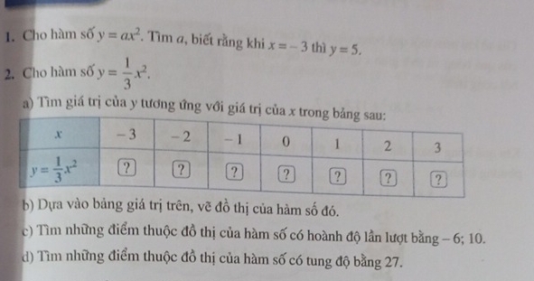 Cho hàm số y=ax^2. Tìm a, biết rằng khi x=-3 thì y=5.
2. Cho hàm số y= 1/3 x^2.
a) Tìm giá trị của y tương ứng với
b) Dựa vào bảng giá trị trên, vẽ đồ thị của hàm số đó.
c) Tìm những điểm thuộc đồ thị của hàm số có hoành độ lần lượt bằng - 6; 10.
d) Tìm những điểm thuộc đồ thị của hàm số có tung độ bằng 27.