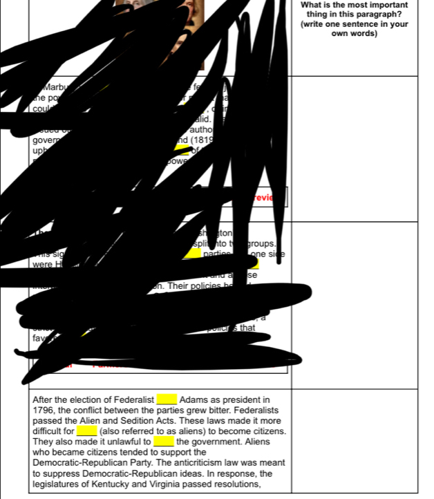 What is the most important
thing in this paragraph?
(write one sentence in your
own words)
Marby
the po
coul
alid.
autho
govern nd (1819
upb
revie
sh ton
spli to t groups.
partios one si e
were H
d a se
per 's that
fav
After the election of Federalist _Adams as president in
1796, the conflict between the parties grew bitter. Federalists
passed the Alien and Sedition Acts. These laws made it more
_
difficult for (also referred to as aliens) to become citizens.
_
They also made it unlawful to the government. Aliens
who became citizens tended to support the
Democratic-Republican Party. The anticriticism law was meant
to suppress Democratic-Republican ideas. In response, the
legislatures of Kentucky and Virginia passed resolutions,