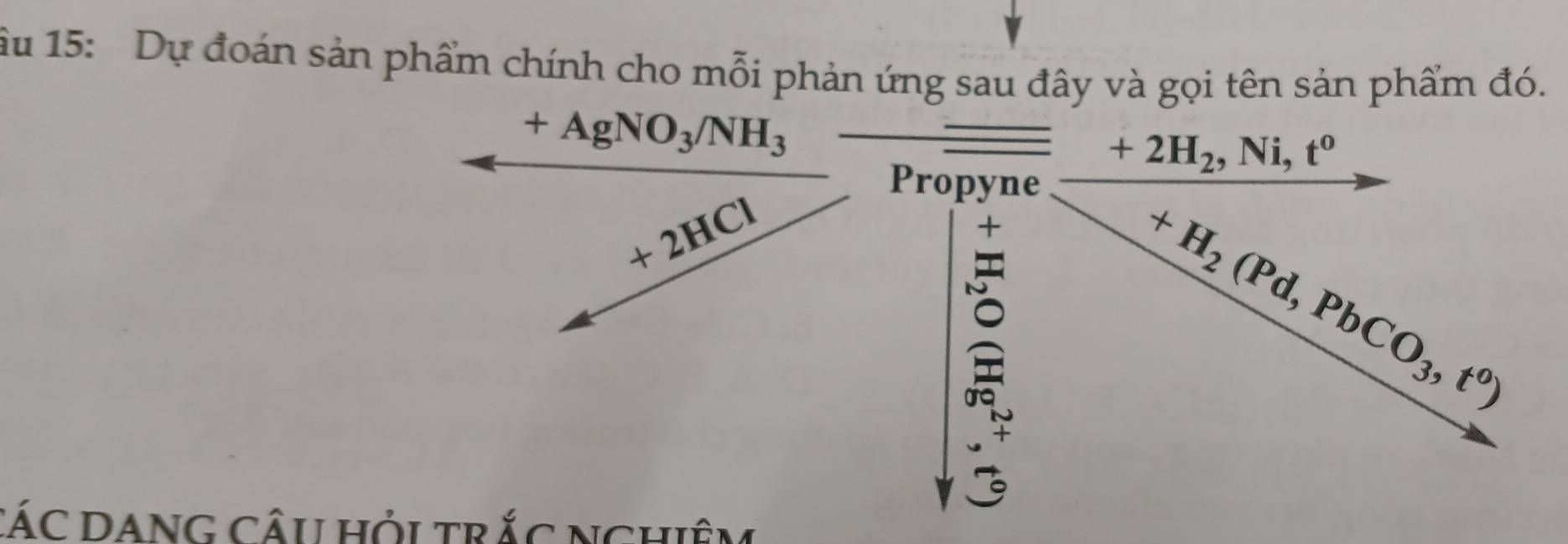 ầu 15: Dự đoán sản phẩm chính cho mỗi phản ứng sau đây và gọi tên sản phẩm đó.
+AgNO_3/NH_3
+2H_2, Ni, t^0
Propyne
+2HCl
+

+H_2(Pd,PbCO_3,t^0)
CÁC DANG Câu hỏi trắc nChiêm