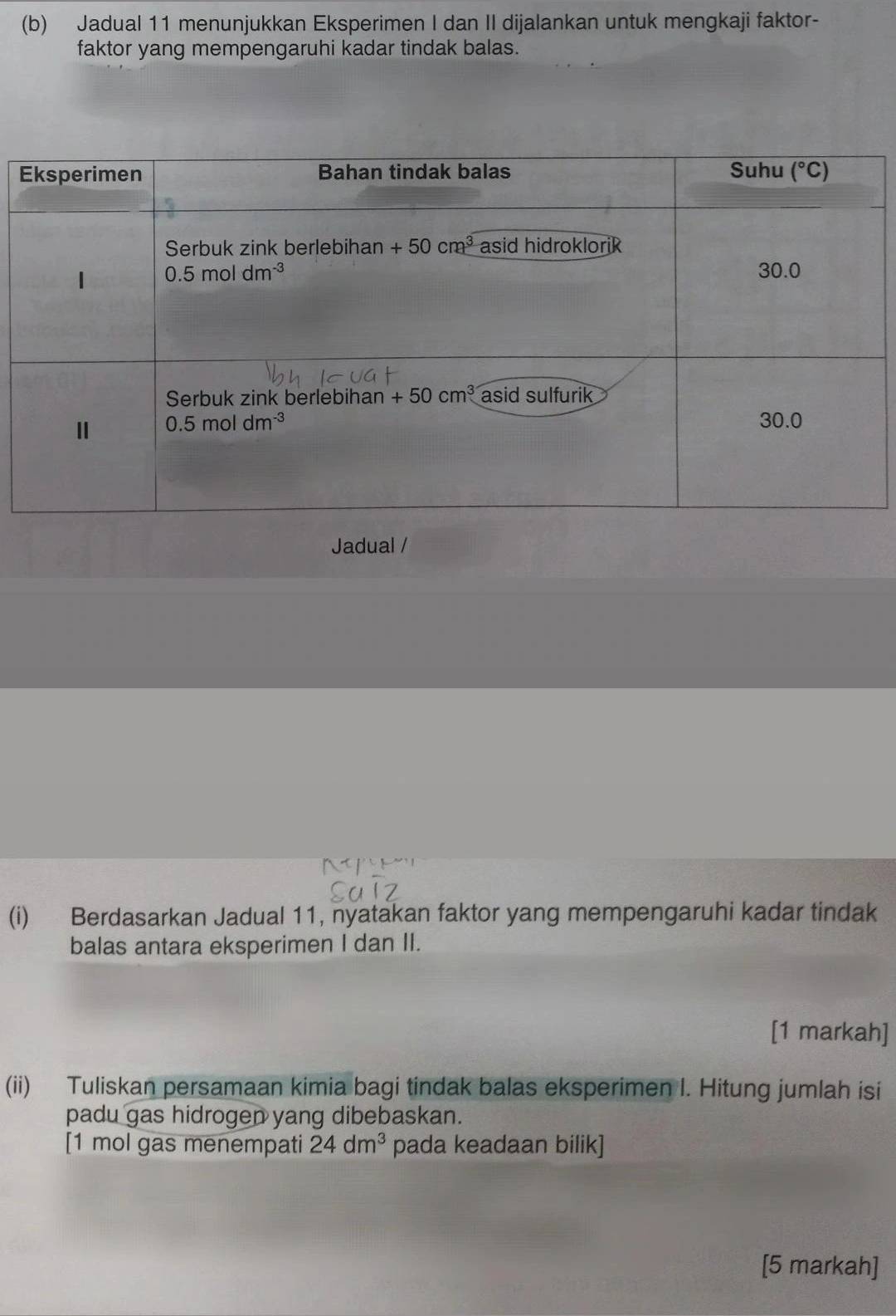 Jadual 11 menunjukkan Eksperimen I dan II dijalankan untuk mengkaji faktor-
faktor yang mempengaruhi kadar tindak balas.
Jadual /
(i) Berdasarkan Jadual 11, nyatakan faktor yang mempengaruhi kadar tindak
balas antara eksperimen I dan II.
[1 markah]
(ii) Tuliskan persamaan kimia bagi tindak balas eksperimen I. Hitung jumlah isi
padu gas hidrogen yang dibebaskan.
[1 mol gas menempati 24dm^3 pada keadaan bilik]
[5 markah]