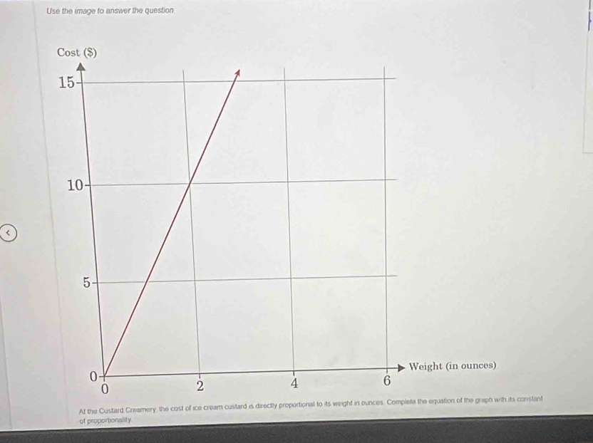 Use the image to answer the question 
< 
At the Custard Creamery, the cost of ice cream custard is directly proportional to its weigh constant 
of proportionality