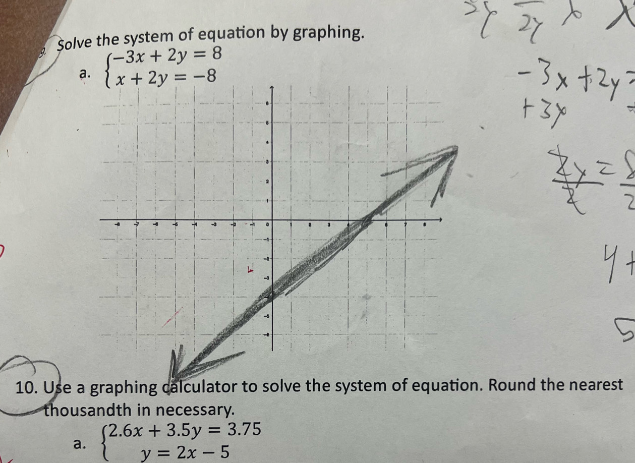 Solve the system of equation by graphing.
a. beginarrayl -3x+2y=8 x+2y=-8endarray.
10. Use a graphing calculator to solve the system of equation. Round the nearest
thousandth in necessary.
a. beginarrayl 2.6x+3.5y=3.75 y=2x-5endarray.