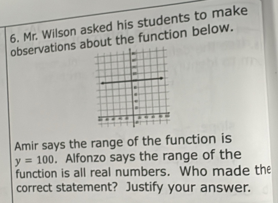 Mr. Wilson asked his students to make 
observations about the function below. 
Amir says the range of the function is
y=100. Alfonzo says the range of the 
function is all real numbers. Who made the 
correct statement? Justify your answer.