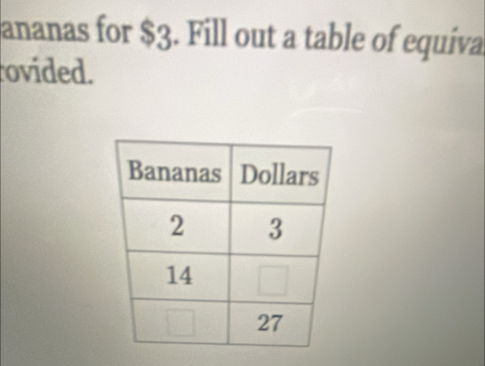 ananas for $3. Fill out a table of equiva 
ovided.