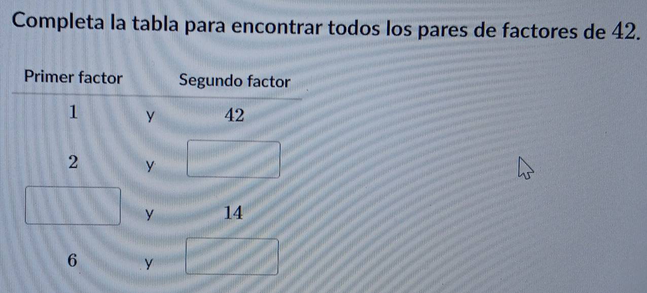 Completa la tabla para encontrar todos los pares de factores de 42.