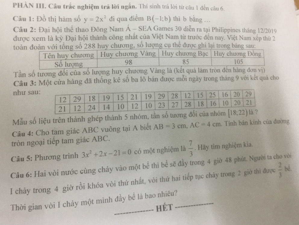 PHÀN III. Câu trắc nghiệm trả lời ngắn. Thí sinh trả lời từ câu 1 đến câu 6.
Câu 1: Đồ thị hàm số y=2x^2 đi qua điểm B(-1;b) thì b bằng .
Câu 2: Đại hội thể thao Đông Nam A-SEA Games 30 diễn ra tại Philippines tháng 12/2019
được xem là kỳ Đại hội thành công nhất của Việt Nam từ trước đến nay. Việt Nam xếp thứ 2
toổng số 288 huy chương, số lượng cụ thể được ghi lại trong bảng sau:
Tần số tương đối của số lượng huy chương Vàng là (kết quả làm tròn đến hàng đơn vị)
Câu 3: Một cửa hàng đã thống kê số ba lô bán được mỗi ngày trong tháng 9 với kết quả cho
như sa
Mẫu số liệu trên thành ghép thành 5 nhóm, tần số tương đố
Câu 4: Cho tam giác ABC vuông tại A biết AB=3cm,AC=4cm. Tính bán kính của đường
tròn ngoại tiếp tam giác ABC.
Câu 5: Phương trình 3x^2+2x-21=0 có một nghiệm là  7/3 . Hãy tìm nghiệm kia.
Câu 6: Hai vòi nước cùng chảy vào một bể thì bể sẽ đầy trong 4 giờ 48 phút. Người ta cho vòi
I chảy trong 4 giờ rồi khóa vòi thứ nhất, vòi thứ hai tiếp tục chảy trong 2 giờ thì được  2/3  bể.
Thời gian vòi I chảy một mình đầy bể là bao nhiêu?_
Hét