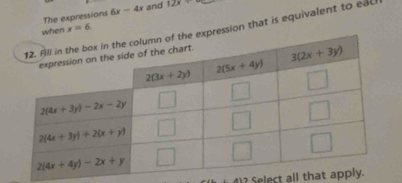 The expressions 6x-4x and 12x/
when x=6.
xpression that is equivalent to eac
)? Select all that a