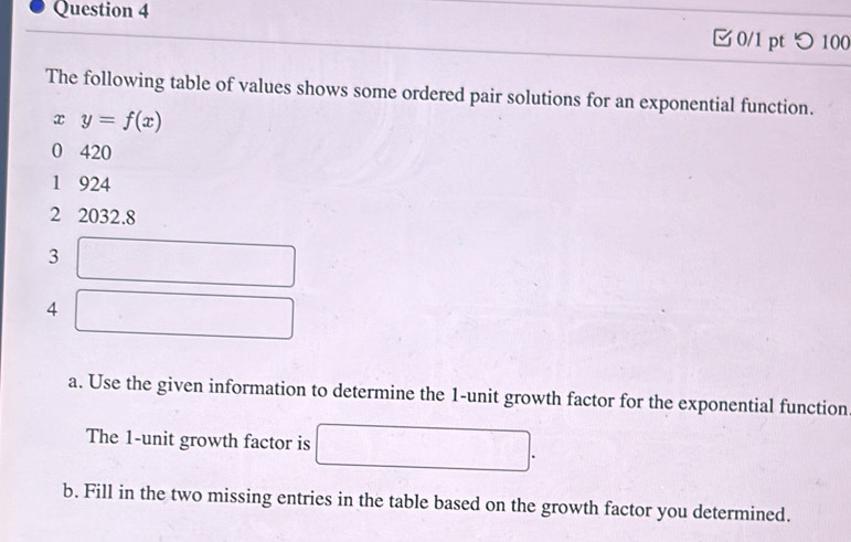 つ 100 
The following table of values shows some ordered pair solutions for an exponential function.
x y=f(x)
0 420
1 924
2 2032.8
3
4 
a. Use the given information to determine the 1 -unit growth factor for the exponential function 
The 1 -unit growth factor is 
b. Fill in the two missing entries in the table based on the growth factor you determined.