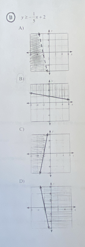 11 y≥ - 1/5 x+2
A) 
B 
C 
D