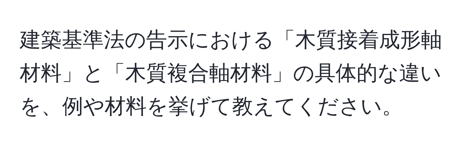 建築基準法の告示における「木質接着成形軸材料」と「木質複合軸材料」の具体的な違いを、例や材料を挙げて教えてください。