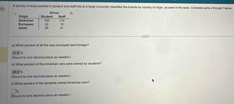 A survey of autos parked in student and staff lots at a large university classified the brands by country of origin, as seen in the table. Complete parts a through f below.
a) What percent of all the cars surveyed were foreign?
41.6 %
(Round to one decimal place as needed.)
b) What percent of the American cars were owned by students?
48.8 %
(Round to one decimal place as needed.)
c) What percent of the students owned American cars?
(Round to one decimal place as needed.)