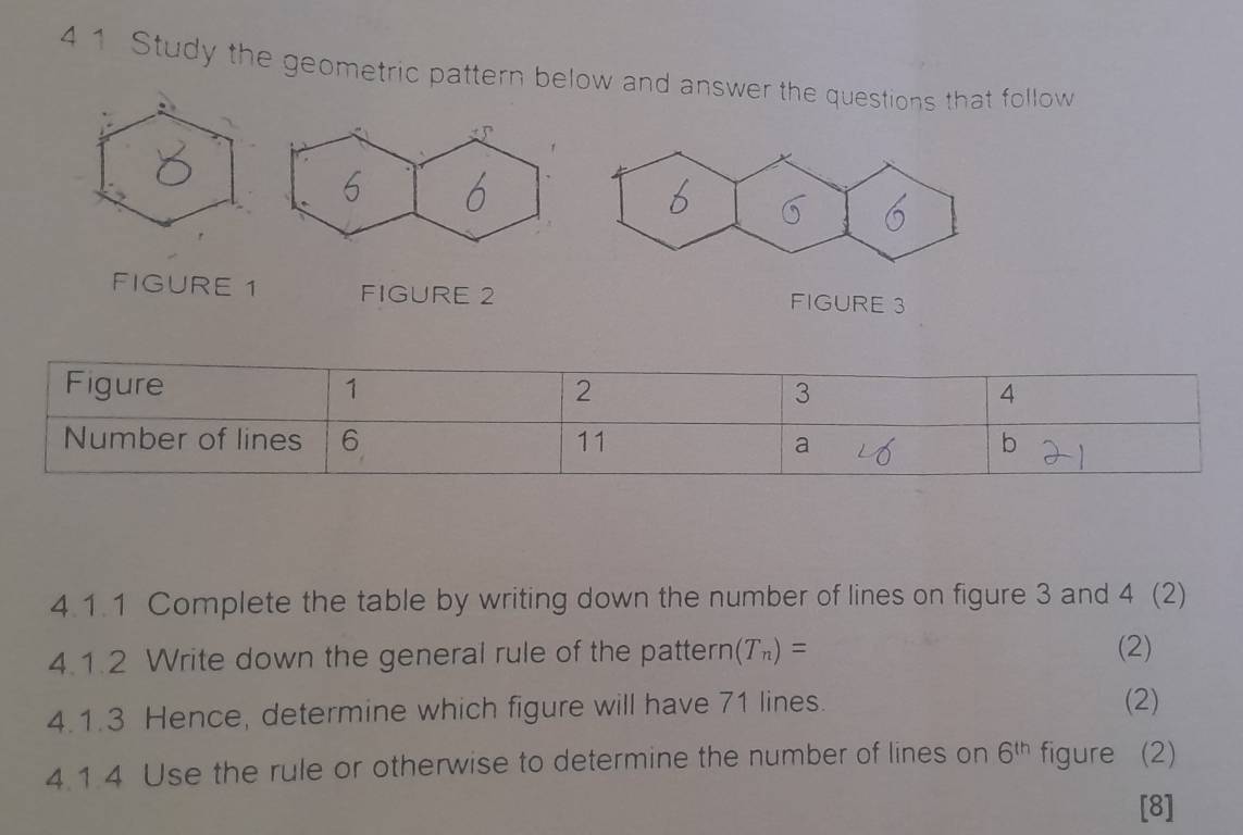 4 1 Study the geometric pattern below and answer the questions that follow
6 6
6 
FIGURE 1 FIGURE 2 FIGURE 3 
4.1.1 Complete the table by writing down the number of lines on figure 3 and 4 (2) 
4.1.2 Write down the general rule of the pattern (T_n)= (2) 
4.1.3 Hence, determine which figure will have 71 lines. (2) 
4.1.4 Use the rule or otherwise to determine the number of lines on 6^(th) figure (2) 
[8]