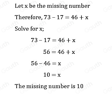 Solved: What is the missing number? 73-17=46+ 8 10 12 13 [Math]