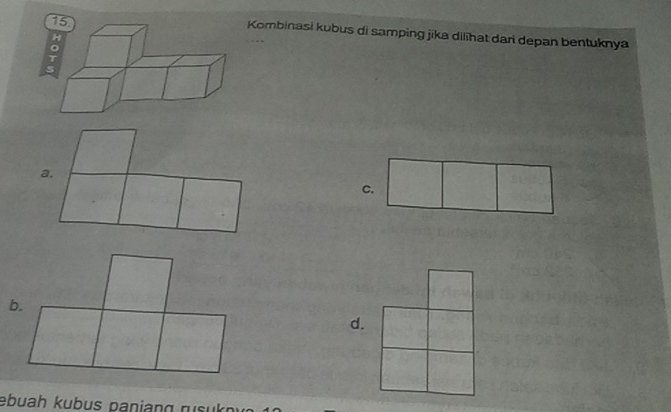 Kombinasi kubus di samping jika dilihat dari depan bentuknya 
c. 
d. 
ebuah kubus panjang rusukn