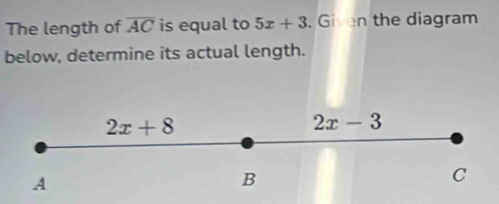 The length of overline AC is equal to 5x+3. Given the diagram
below, determine its actual length.
2x+8
2x-3
A
B
C