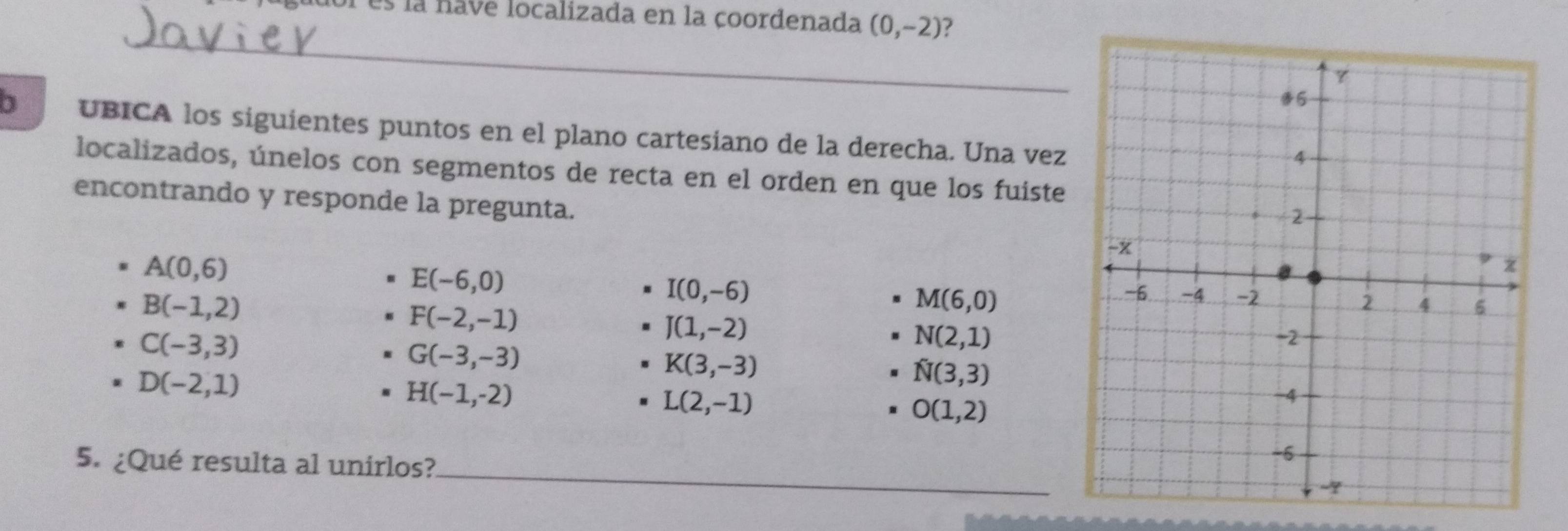 a es a have localizada en la coordenada (0,-2) ? 
_ 
b UBICA los siguientes puntos en el plano cartesiano de la derecha. Una vez 
localizados, únelos con segmentos de recta en el orden en que los fuiste 
encontrando y responde la pregunta.
A(0,6)
E(-6,0)
B(-1,2)
I(0,-6)
F(-2,-1)
M(6,0)
C(-3,3)
J(1,-2)
N(2,1)
G(-3,-3)
D(-2,1)
K(3,-3)
N(3,3)
H(-1,-2)
L(2,-1)
O(1,2)
5. ¿Qué resulta al unirlos?_