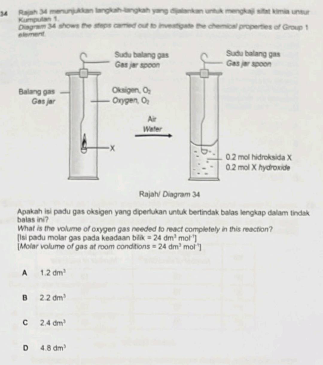 Rajah 34 menunjukkan langkah-langkah yang dijalankan untuk mengkaji sifat kimia unsur
Kumpulan 1.
Diagram 34 shows the steps carried out to investigate the chemical properties of Group 1
element.
Apakah isi padu gas oksigen yang diperlukan untuk bertindak balas lengkap dalam tindak
balas ini?
What is the volume of oxygen gas needed to react completely in this reaction?
[Isi padu molar gas pada keadaan bilik =24dm^3mol^(-1)]
[Molar volume of gas at room conditions =24dm^3mol^(-1)]
A 1.2dm^3
B 2.2dm^3
C 2.4dm^3
D 4.8dm^3