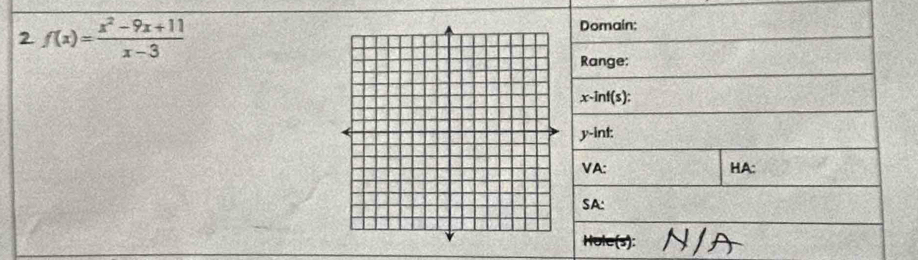 2 f(x)= (x^2-9x+11)/x-3 
Domain; 
Range:
x-inf(s) :
y -int: 
VA: HA: 
SA: 
Hole(s): N/A