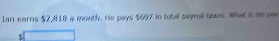 Ian earns $2,818 a month. He pays $097 in total payroll taxes. What is his pay
%