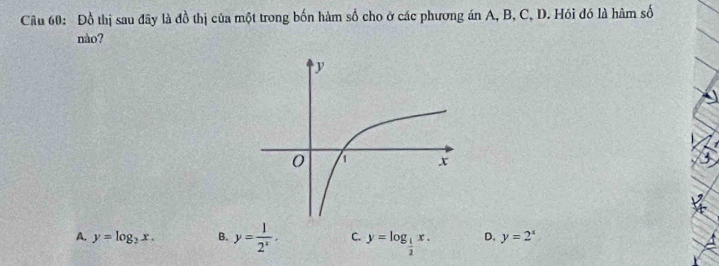 Đồ thị sau đãy là đồ thị của một trong bốn hàm số cho ở các phương án A, B, C, D. Hói đó là hàm số
nào?
A. y=log _2x. B. y= 1/2^x , C. y=log _ 1/2 x. D. y=2^x