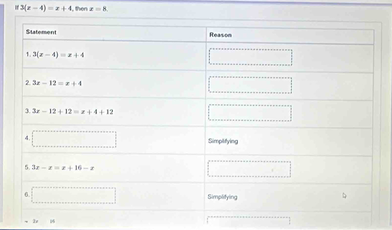 If 3(x-4)=x+4 , then x=8.
2x 16