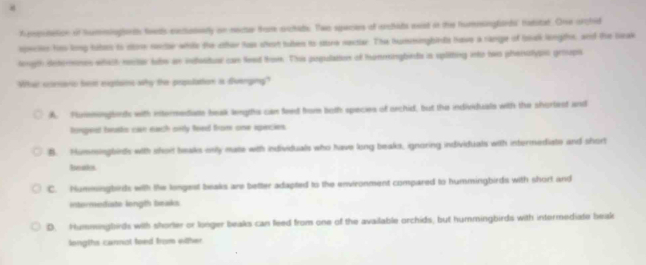 Aempotation of hummingionth foeds exclatverly on necter fhome archide. Tws sqectes of orctads esst at the huminglards tatatat. Ore archid
specites he long tubss to stose neete while the ather loss short tuben io store nextiar. The hummingbirds have a nange of toak lengths, and the beak
longth deternes which rectr tabe an indostual can leed trom. This population of mumingbeds is spliting into two phenotypo groups
What scorraric be exgtains why the pepulation is divenging?
A. Formingbinds with intermediate beak lengths can feed from both species of orchid, but the individuals with the shortest and
tergend bosts can each orrly feel from oe epincies.
B. Hummingbids with shoit beaks only mate wih individuals who have long beaks, ignoring individuals with intermediate and short
beaks
C. Numningbirds with the longest beaks are better adapted to the environment compared to hummingbirds with short and
intermediate longth beaks
D. Hummingbirds with shorter or longer beaks can feed from one of the available orchids, but hummingbirds with intermediate beak
longths cannat toed from either.