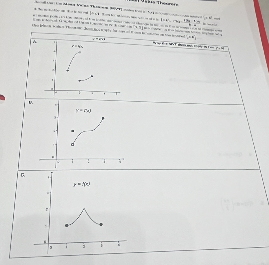 Value Theorem
Recall that the Mean Value Theorem (MVT) states that if f(x) is continuous on the interval
differentiable on the interval (a,b) , then for at least one value of c in (a,b),f'(c)= (f(b)-f(a))/b-a  [a,b] and
at some point in the interval the instantaneous rate of change is equal to the average rate of changs over
In words.
that interval. Graphs of three functions with domain [1,3] are shown in the following table. Explain why
the Mean Value Theorem does not apply for any of these functions on the interval [a,b]
Why the MVT does not apply to fon (1,3)