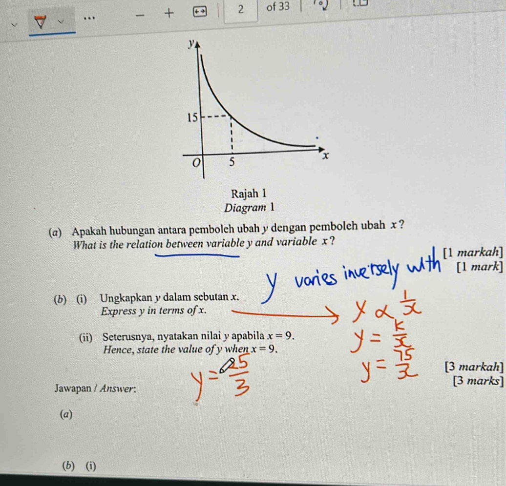 … + 2 of 33 
Rajah 1 
Diagram 1 
(α) Apakah hubungan antara pemboleh ubah y dengan pemboleh ubah x ? 
What is the relation between variable y and variable x? 
[1 markah] 
[1 mark] 
(b) (i) Ungkapkan y dalam sebutan x. 
Express y in terms of x. 
(ii) Seterusnya, nyatakan nilai y apabila x=9. 
Hence, state the value of y when x=9. 
[3 markah] 
Jawapan / Answer: 
[3 marks] 
(a) 
(b) (i)