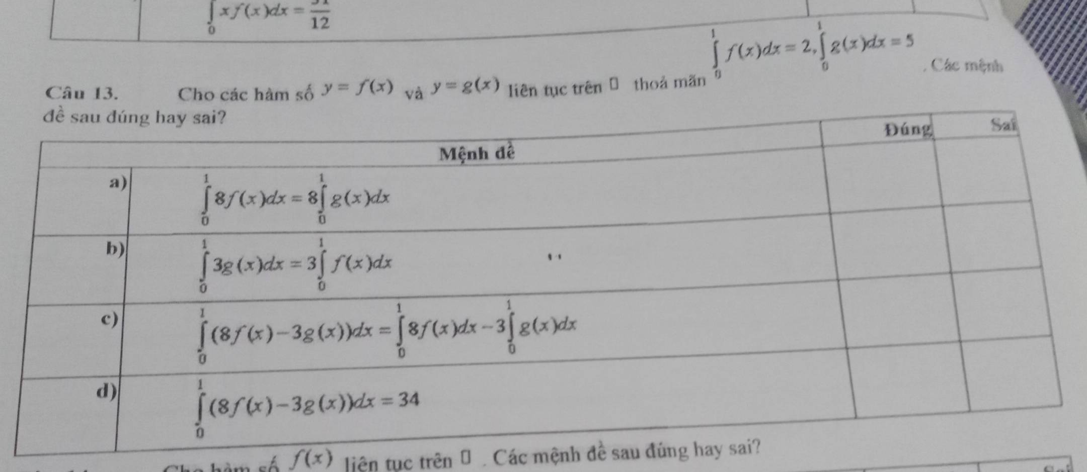 ∈tlimits _0xf(x)dx= 3x/12 
∈tlimits _0^1f(x)dx=2,∈tlimits _0^1g(x)dx=5
Các mệnh
Câu 13. Cho các hàm số y=f(x) và y=g(x) liên tục trên  thoả mãn
hàm số f(x) liện tục trên €  Các mệnh đề sau